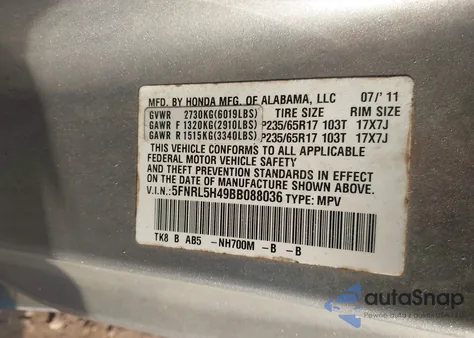 2011 Honda Odyssey Ex z USA, uszkodzony, nr VIN 5FNRL5H49BB088036